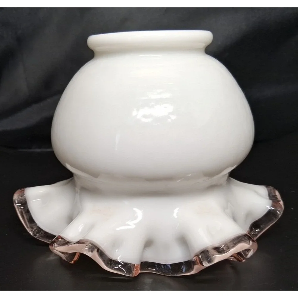 Vintage‎ Fenton Rose Crest Milk Glass Rose Bowl Pink Ruffled Rim Vase 4